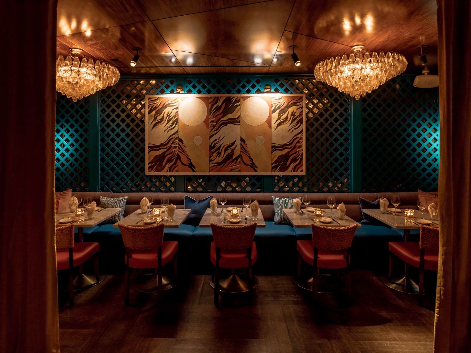 The room dressed for a private event